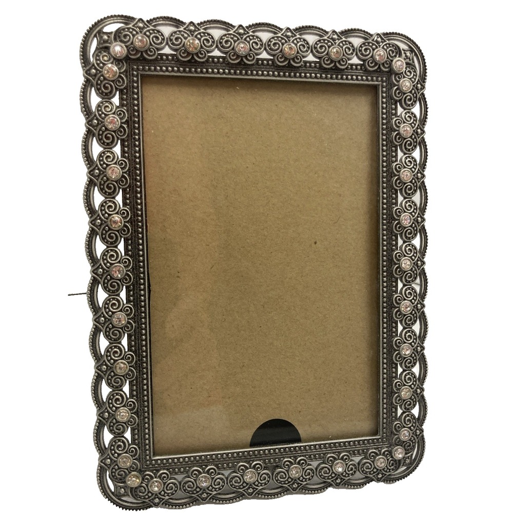 Pewter Picture Frame Beautiful‎ Flower and Swirl Design & Clear Rhinestones 5x7